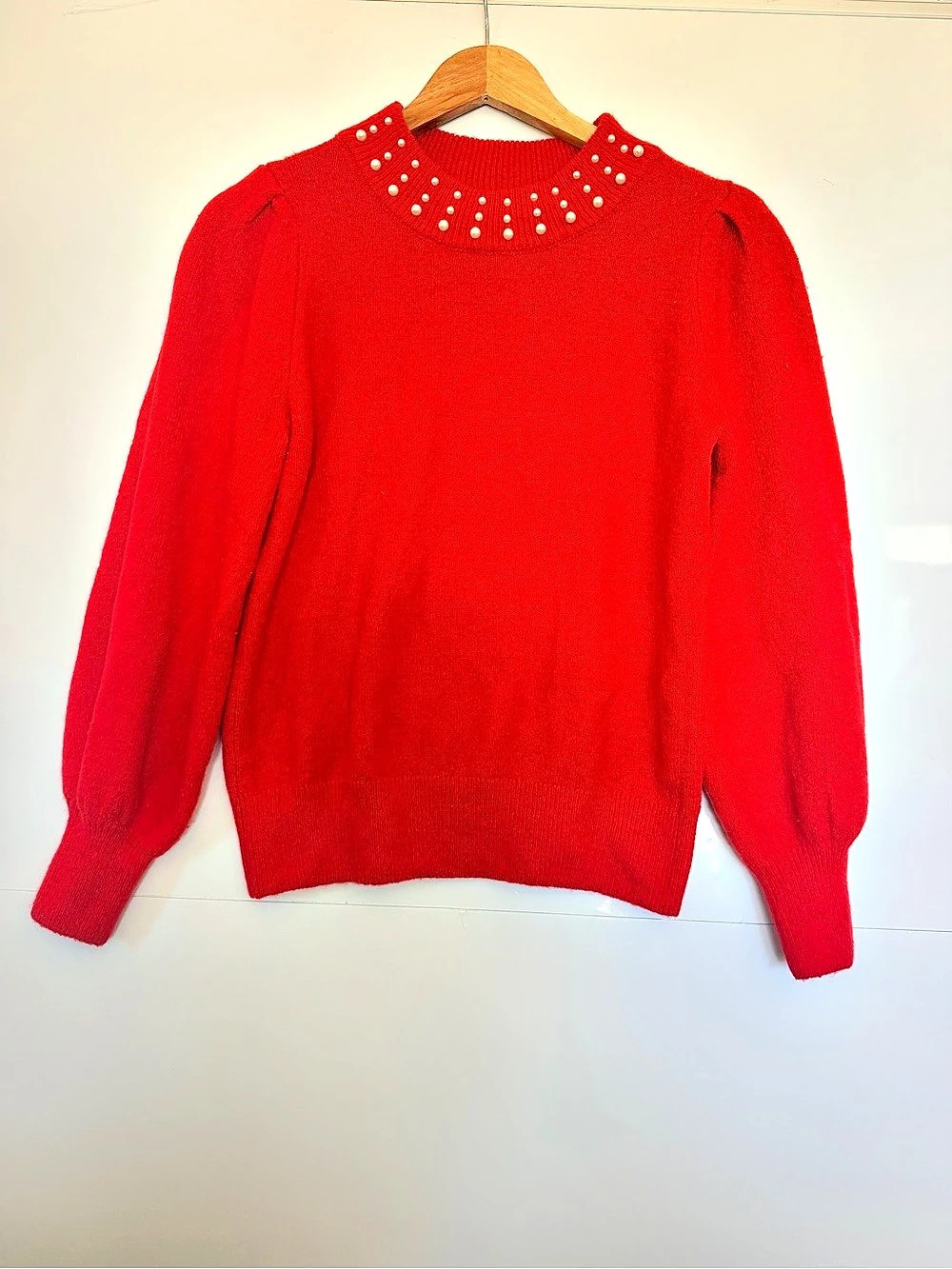 CeCe red crew-neck sweater with white pearls, size small